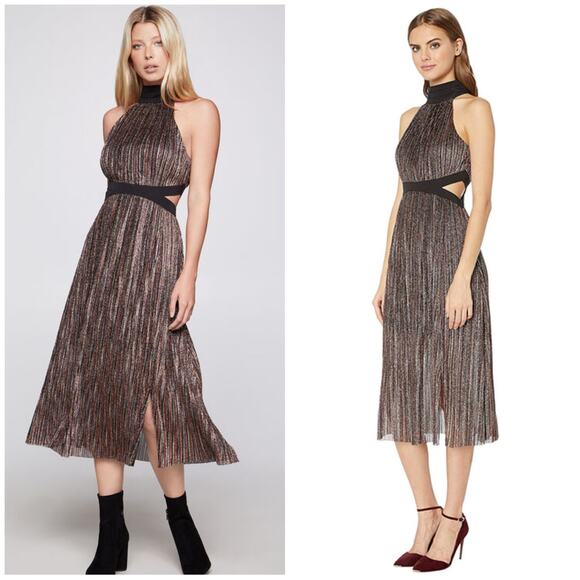 NWT BCBGeneration Mock Neck Bow Back Midi Dress Size 10 Metallic Striped Cut Out - Picture 1 of 14